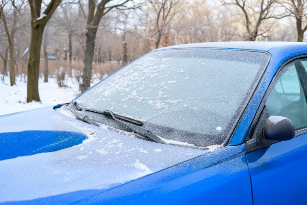 Blue car windshield with snow